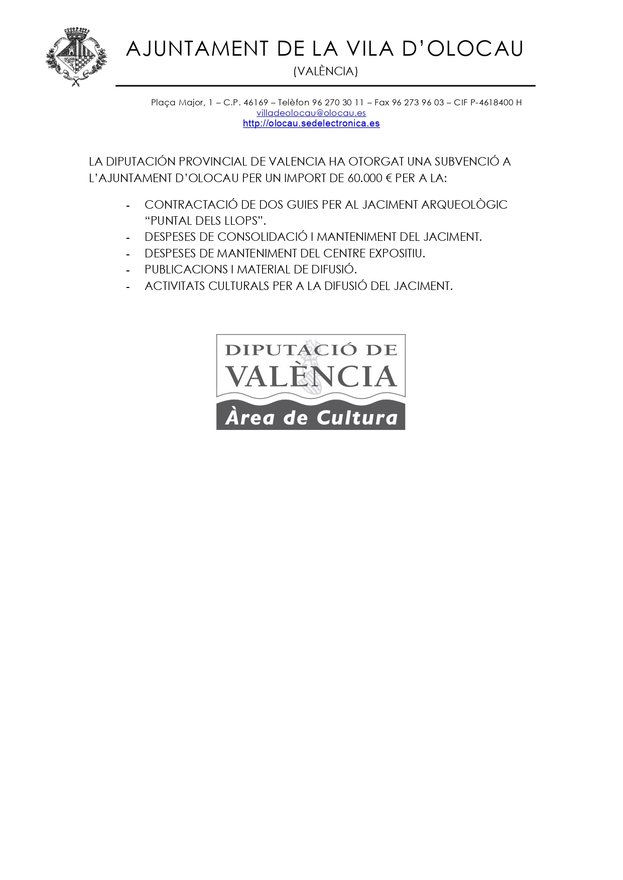 Subvención Diputación de Valencia a Olocau