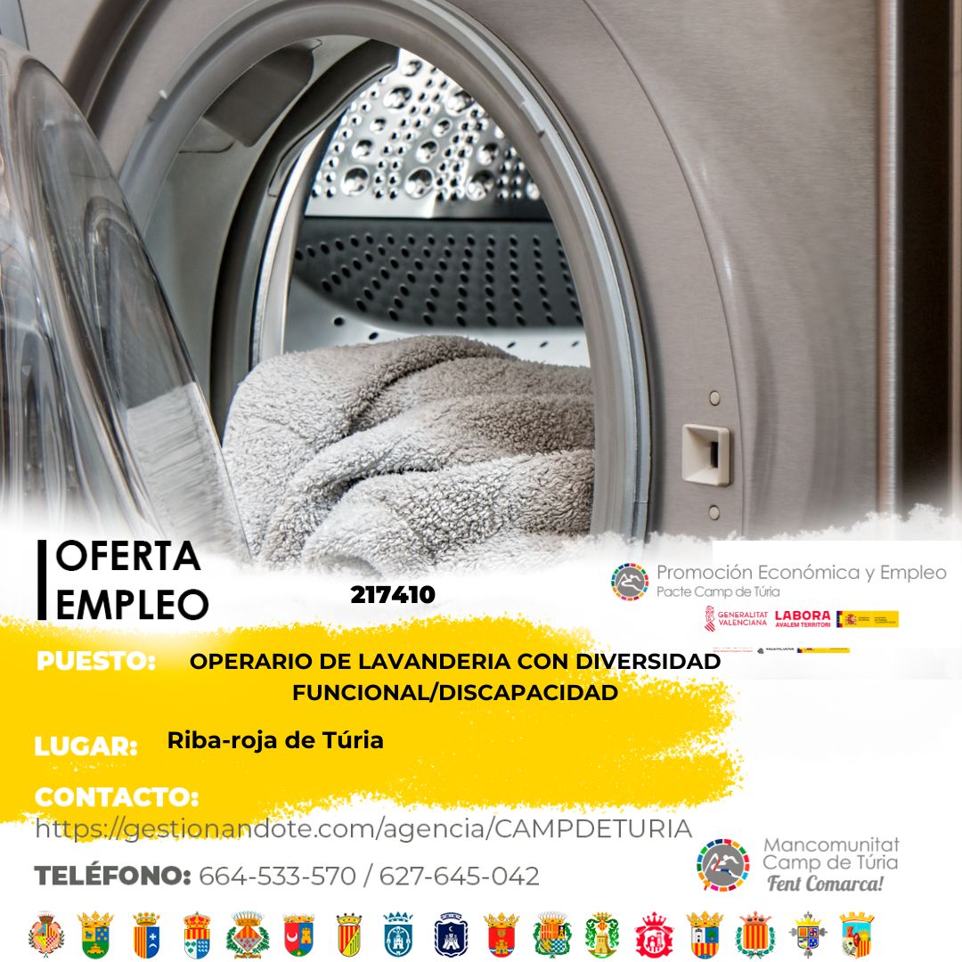 Oferta de empleo - Operario de lavander&iacute;a con diversidad funcional-discapacidad en Riba-roja de T&uacute;ria
