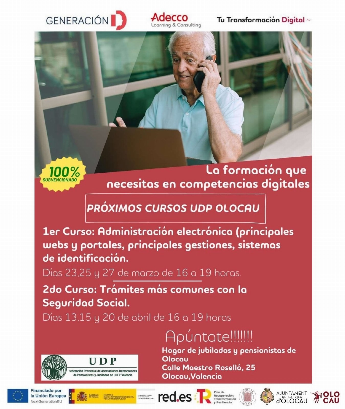Cursos de formació en competències digitals de la Federació Provincial d'Associacions Democràtiques de Pensionistes i Jubilats d’UDP València Olocau