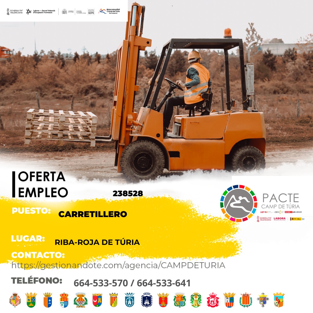Oferta de empleo - Carretillero en Riba-roja de T&uacute;ria