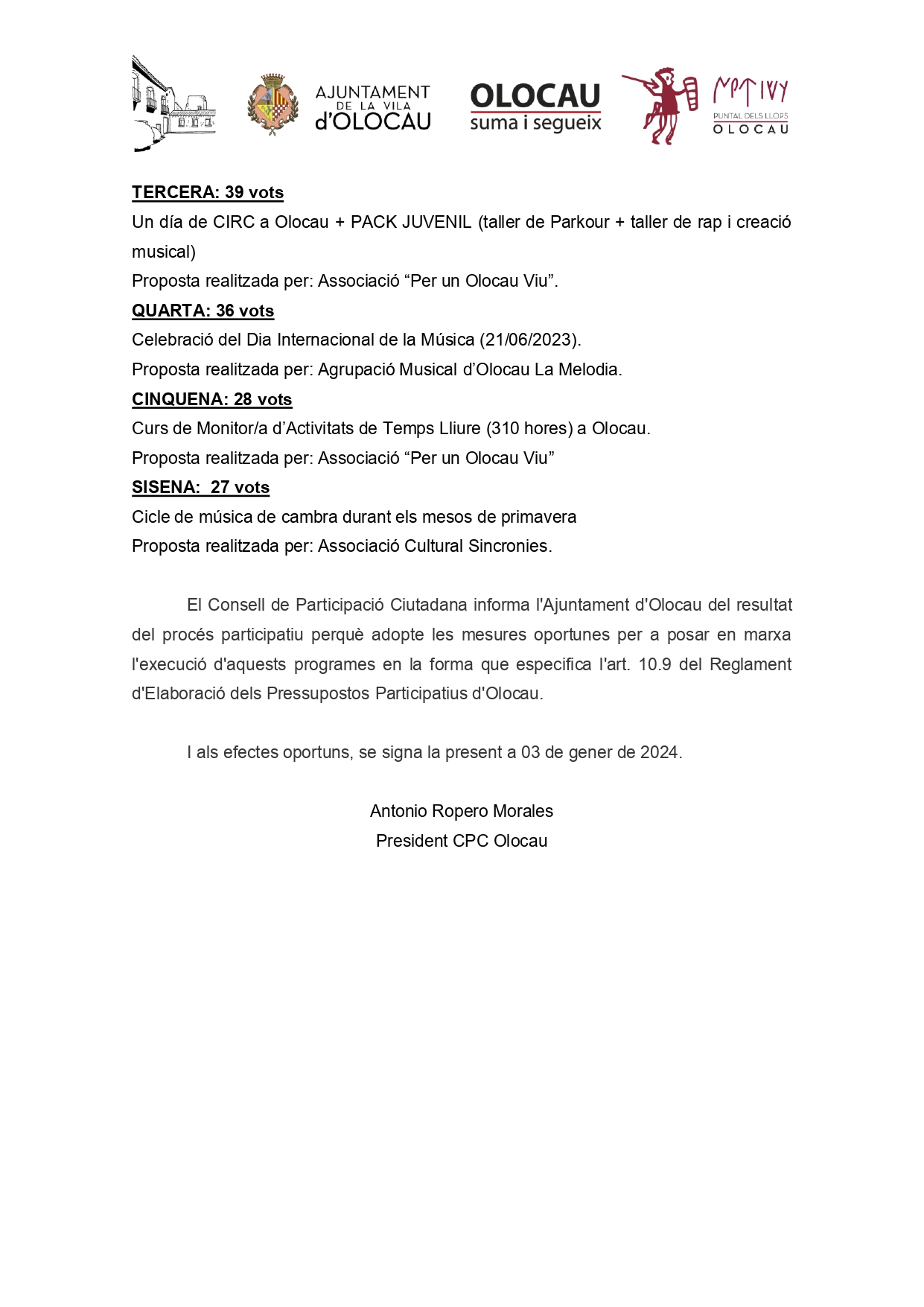 Resultados Presupuestos Participativos 2023 Olocau - 2