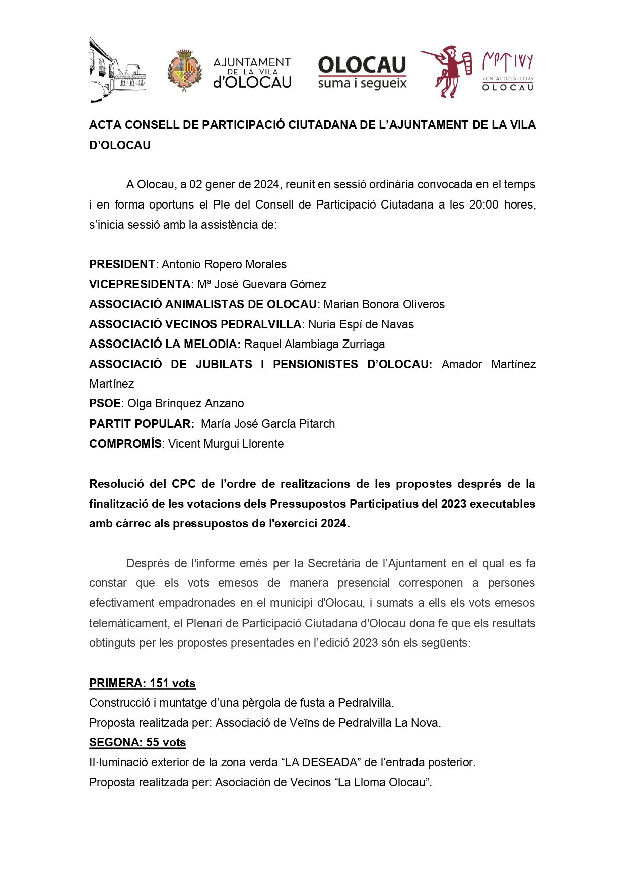 Resultados Presupuestos Participativos 2023 Olocau - 1