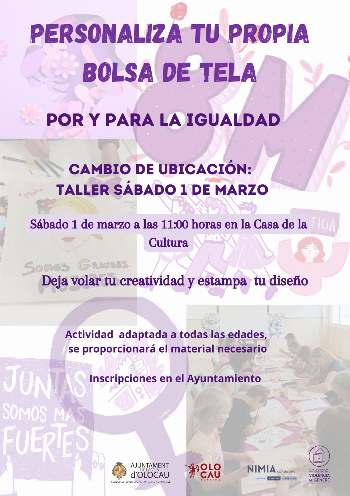 Cartel cambio ubicación segunda sesión taller de personalización de bolsas de tela por y para la igualdad Olocau