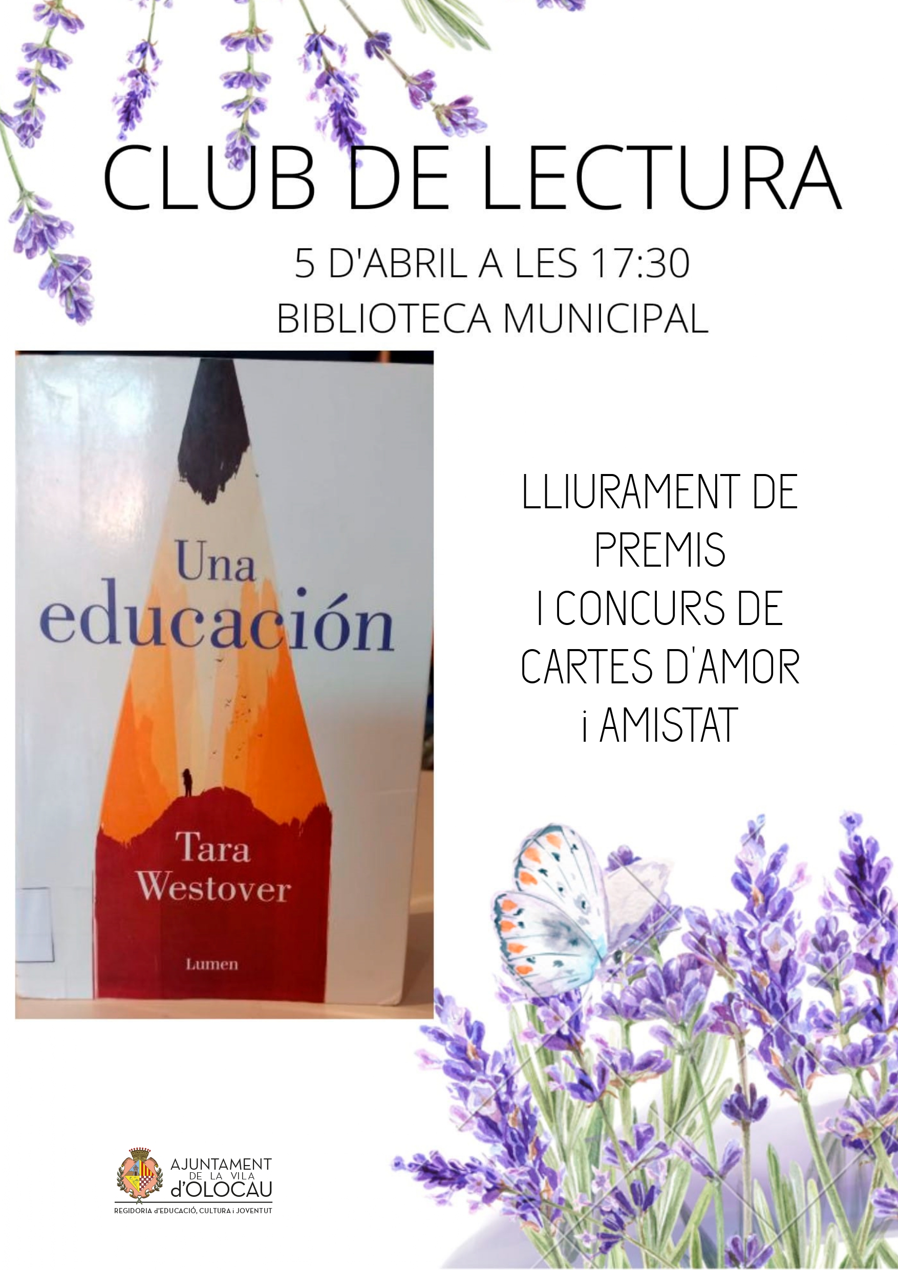 Cartel Club Lectura Adultos y Entrega premios primer Concurso de cartas de amor y amistad Olocau