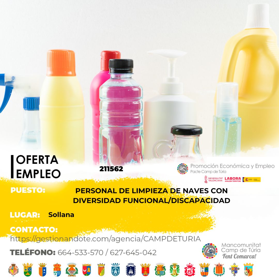 Oferta de empleo - Personal de limpieza de naves con diversidad funcional-discapacidad en Sollana