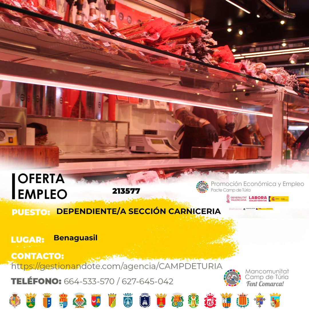 Oferta de empleo - Dependiente-a secci&oacute;n carnicer&iacute;a en Benaguasil