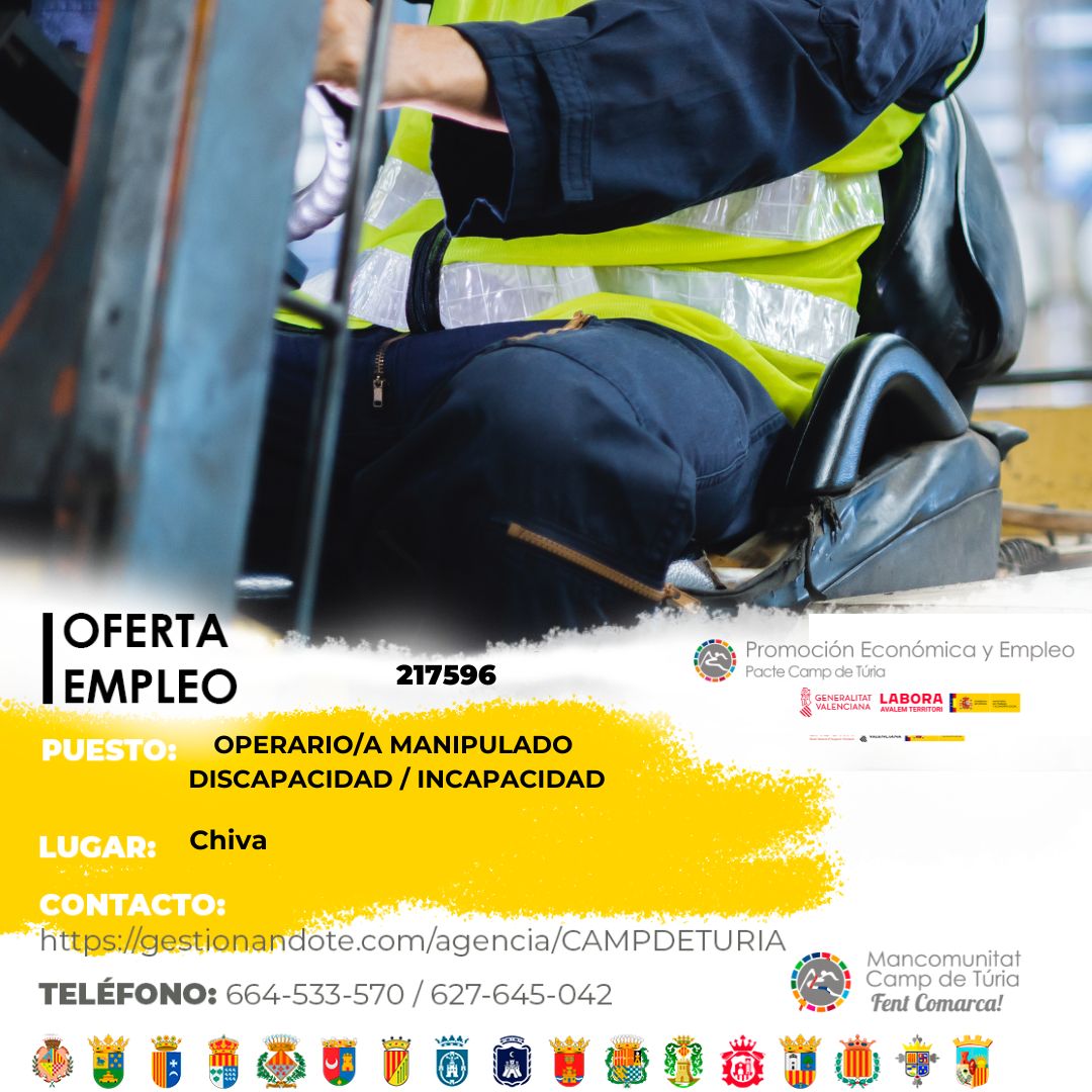 Oferta de empleo - Operario-a manipulado discapacidad-incapacidad en Chiva