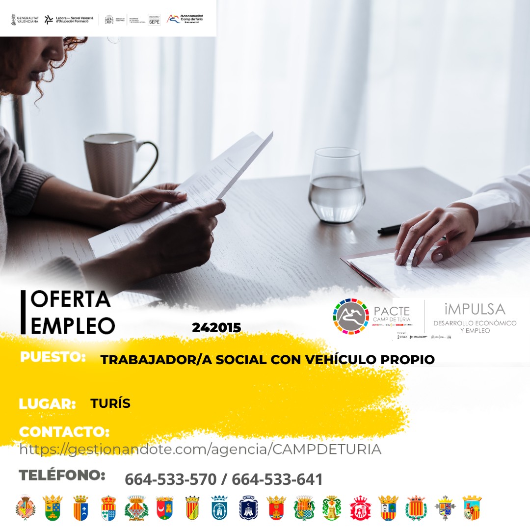 Oferta de empleo - Trabajador-a social con veh&iacute;culo propio en Tur&iacute;s