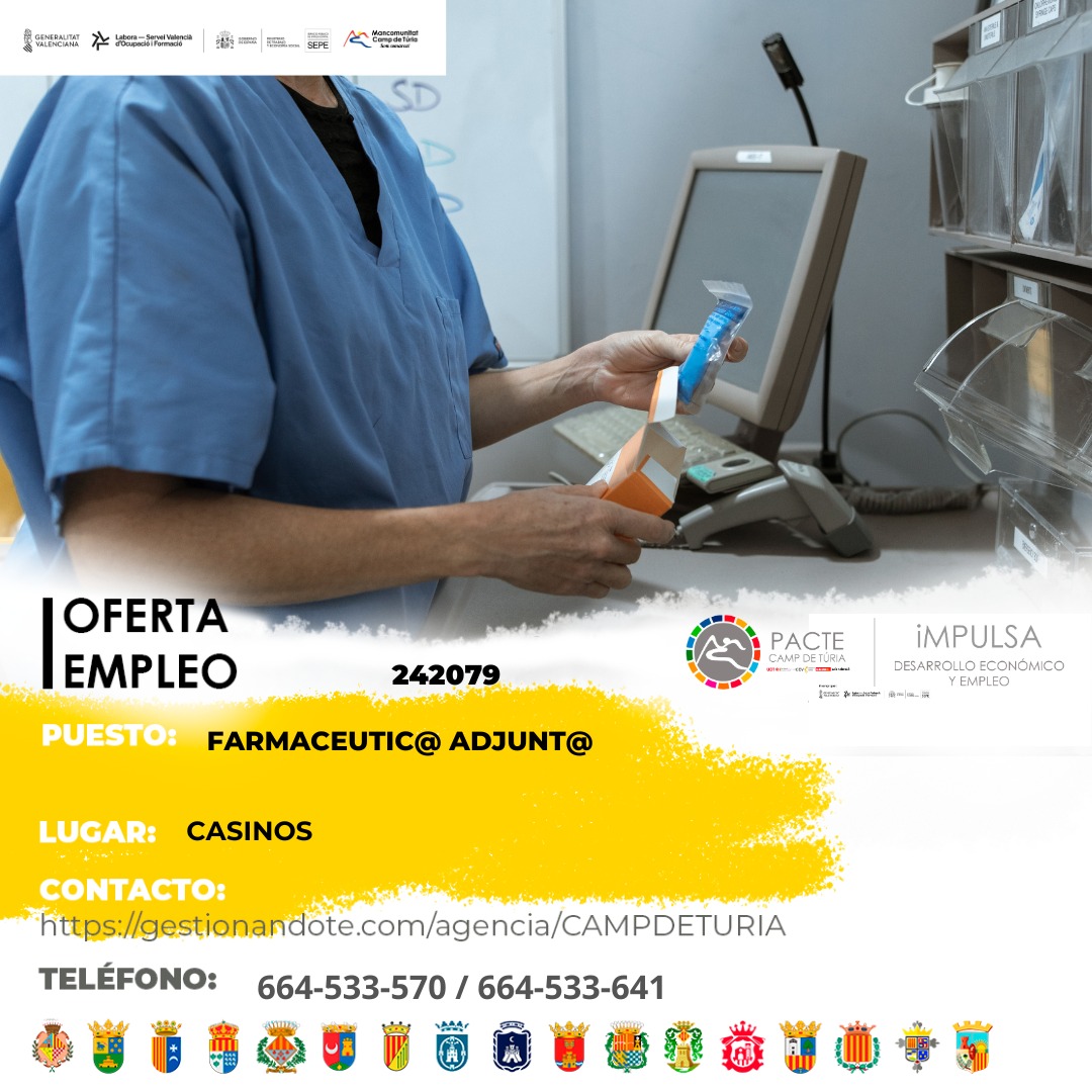 Oferta de empleo - Farmac&eacute;utico-a adjunto-a en Casinos