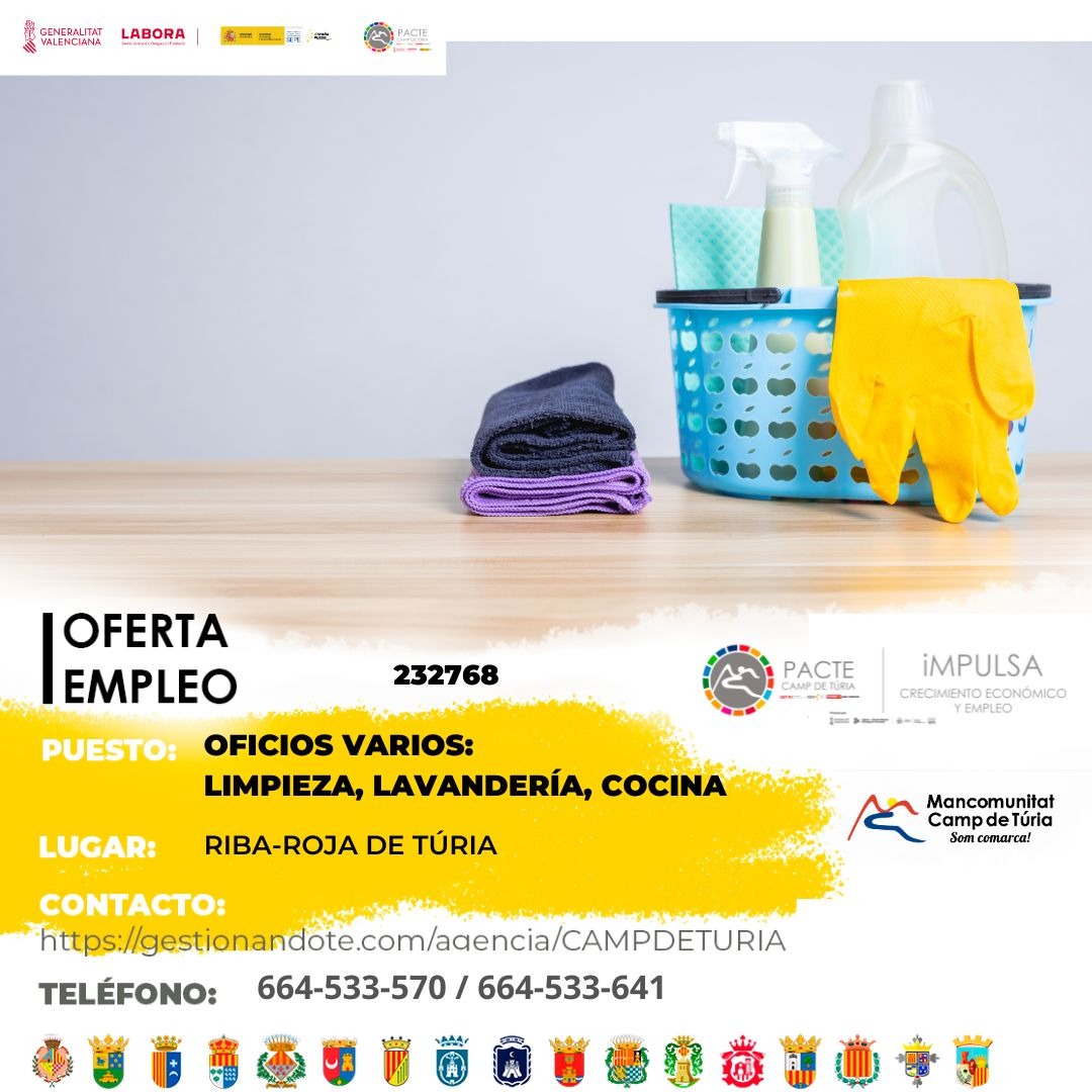 Oferta de empleo - Oficios varios - Limpieza, lavandería, cocina en Riba-roja de Túria