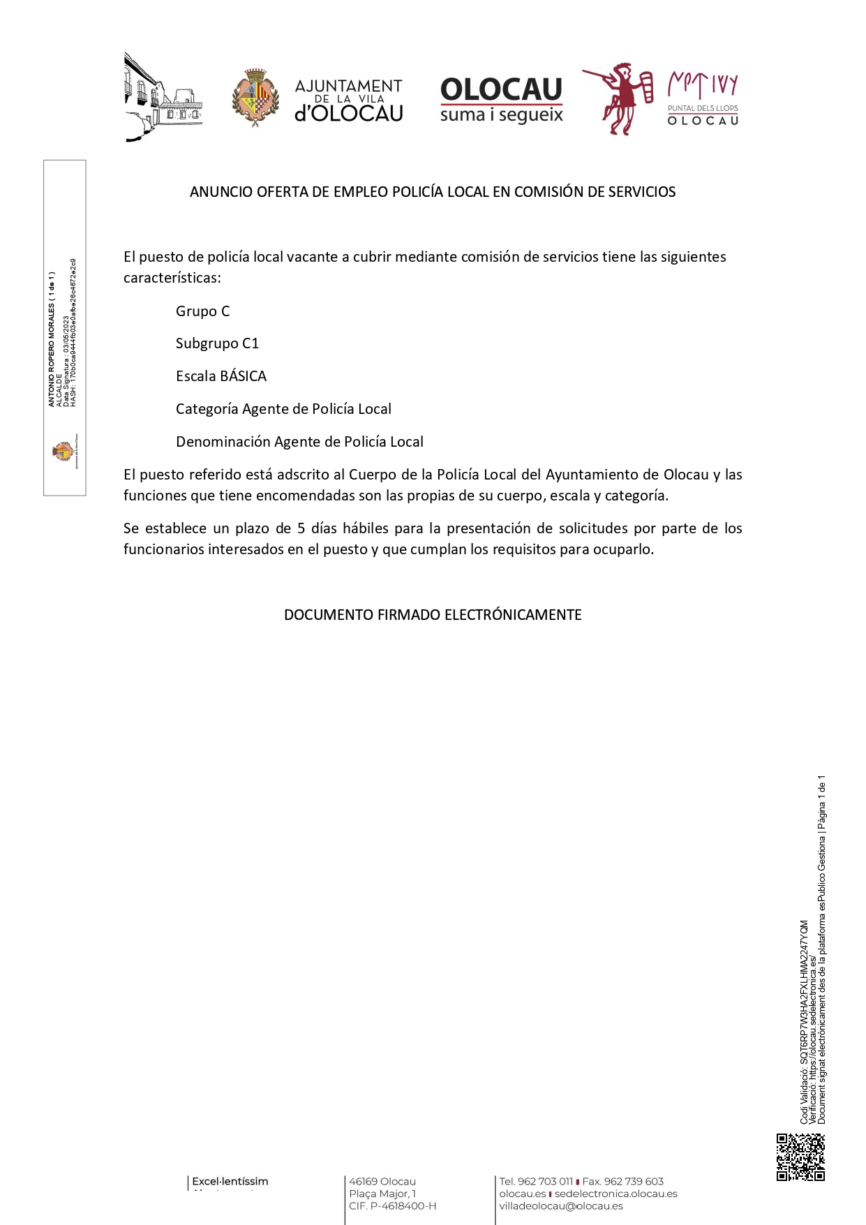 Anuncio del Ayuntamiento de Olocau