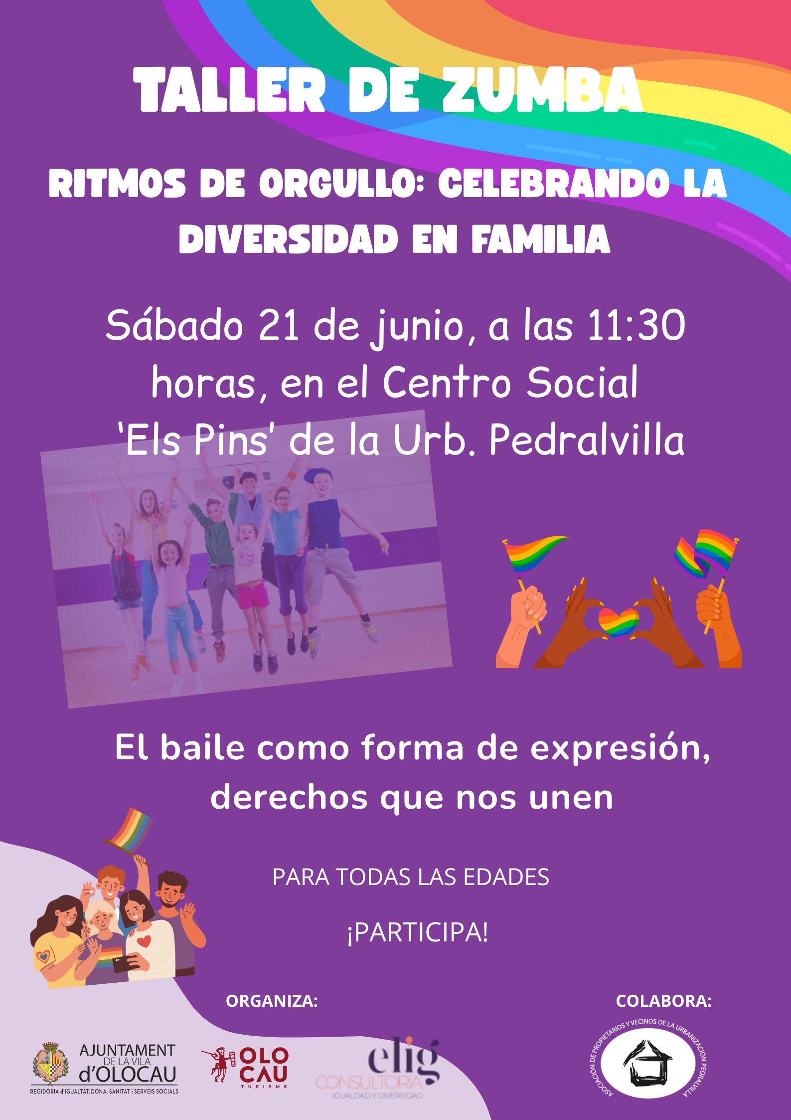 Cartel taller de zumba Ritmos de orgullo - Celebrando la diversidad en familia Olocau