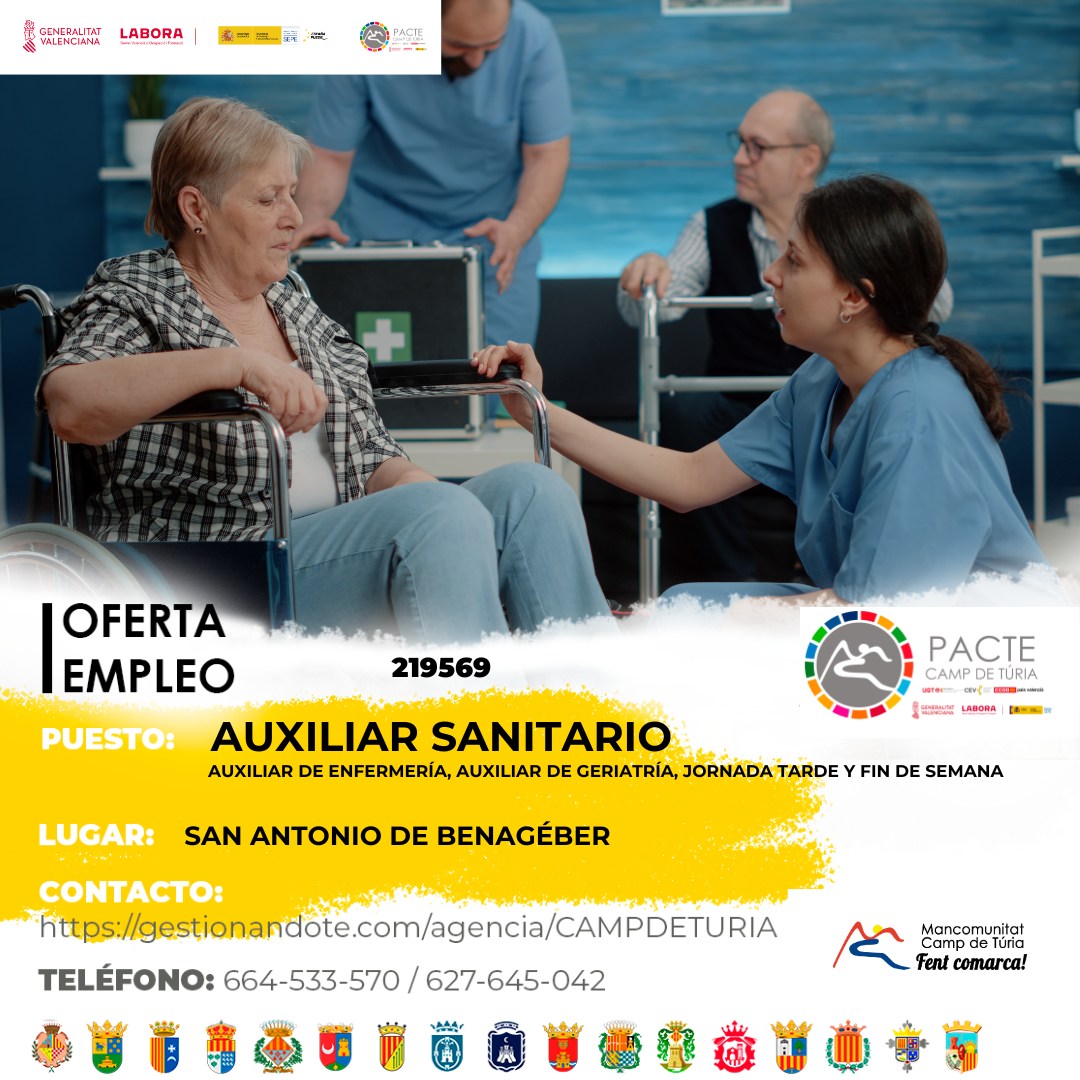 Oferta de empleo - Auxiliar sanitario en jornada de tarde y fin de semana en San Antonio de Benag&eacute;ber