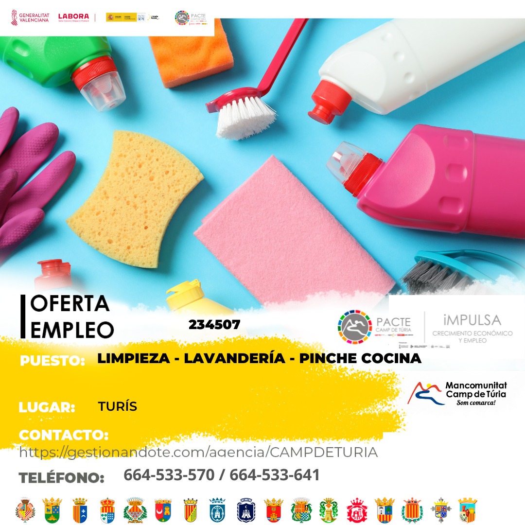 Oferta de empleo - Limpieza - Lavander&iacute;a - Pinche cocina en Tur&iacute;s