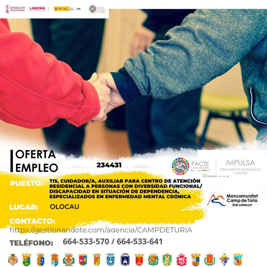 Oferta de empleo - TIS, cuidador-a, auxiliar para centro de atenci&oacute;n residencial a personas con diversidad funcional-discapacidad en situaci&oacute;n de dependencia en Olocau