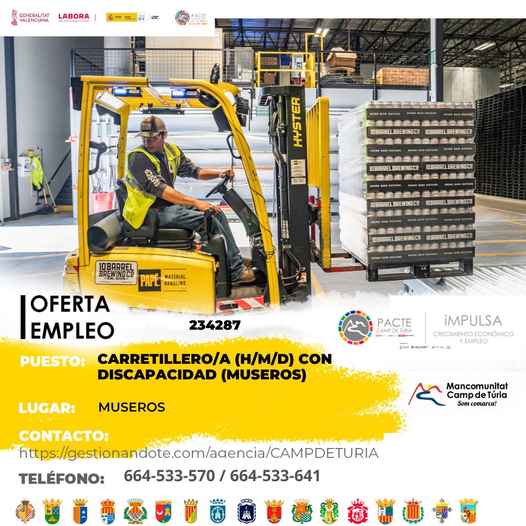 Oferta de empleo - Carretillero-a (H-M-D) con discapacidad en Museros