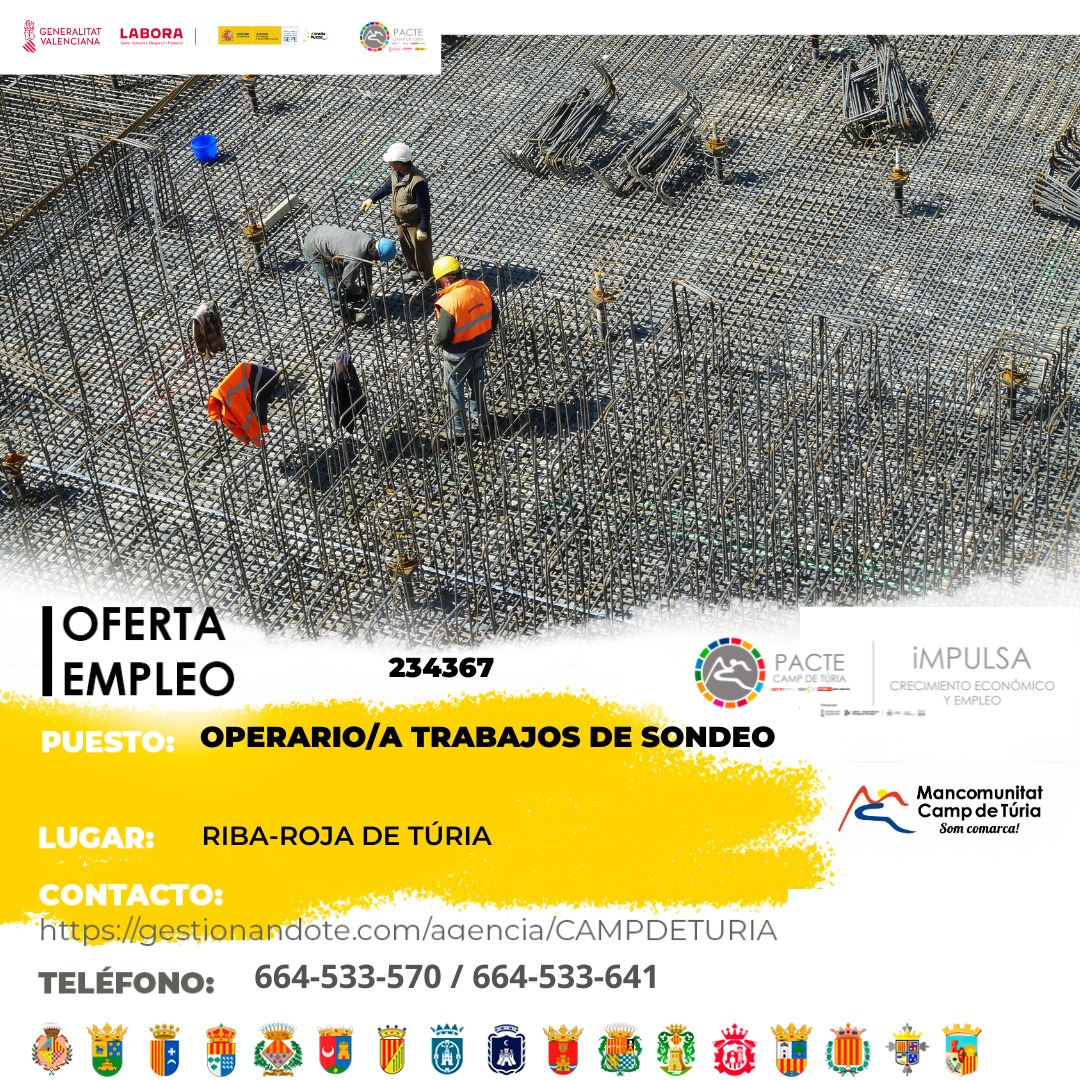 Oferta de empleo - Operario-a trabajos de sondeo en Riba-roja de T&uacute;ria