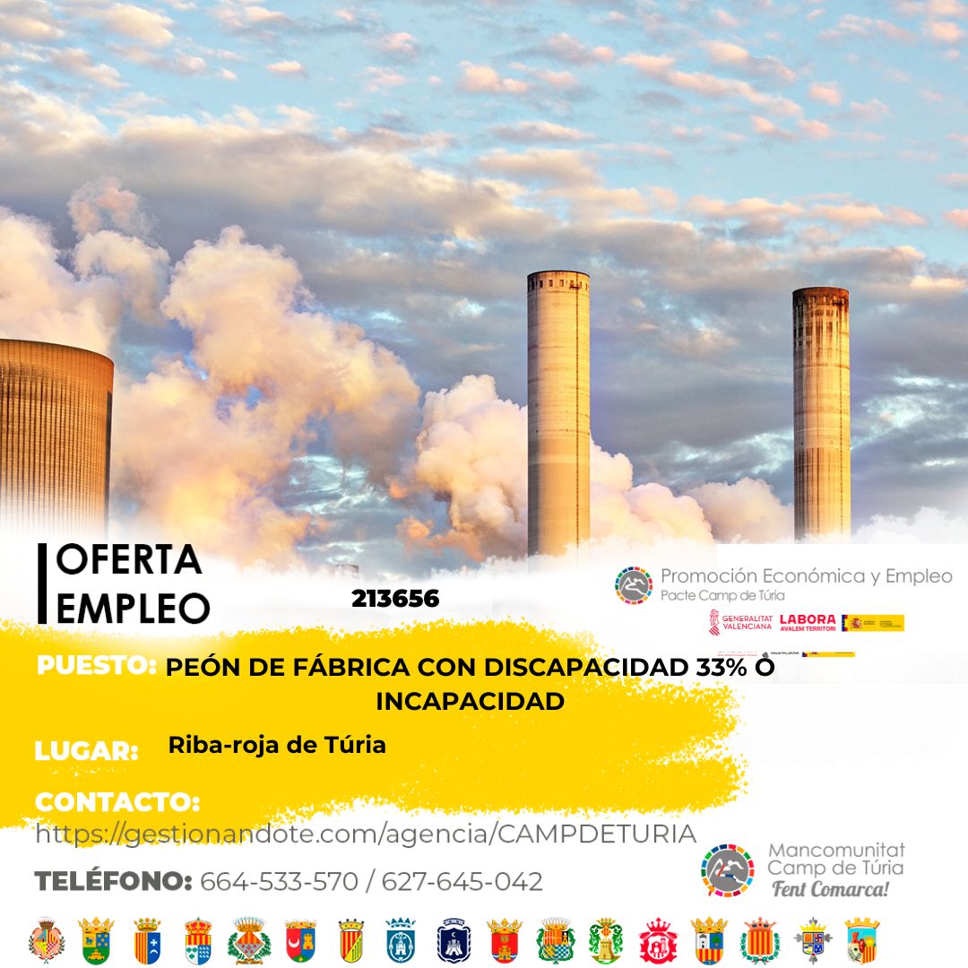 Oferta de empleo - Peón de fábrica con discapacidad 33% o incapacidad en Riba-roja de Túria