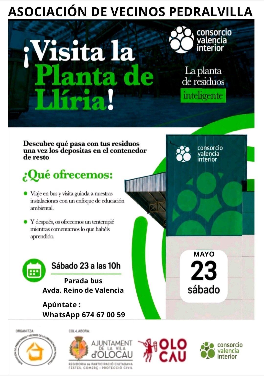 Cartel visita Planta Tratamiento Residuos Llíria Asociación Vecinos Pedralvilla Olocau