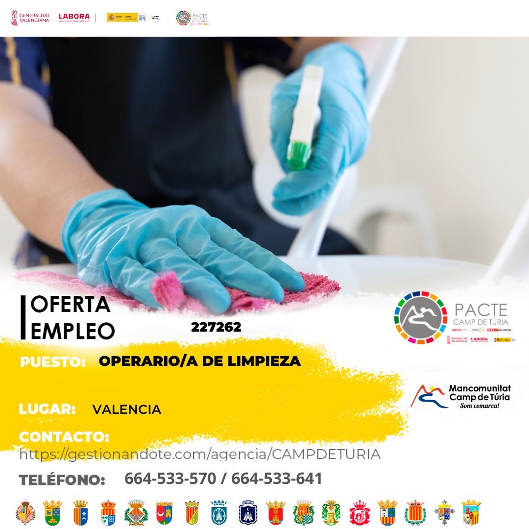 Oferta de empleo - Operario-a de limpieza en Valencia