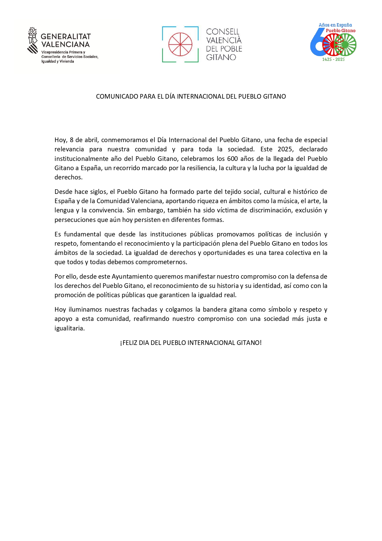 Comunicado D&iacute;a Internacional Pueblo Gitano 2025