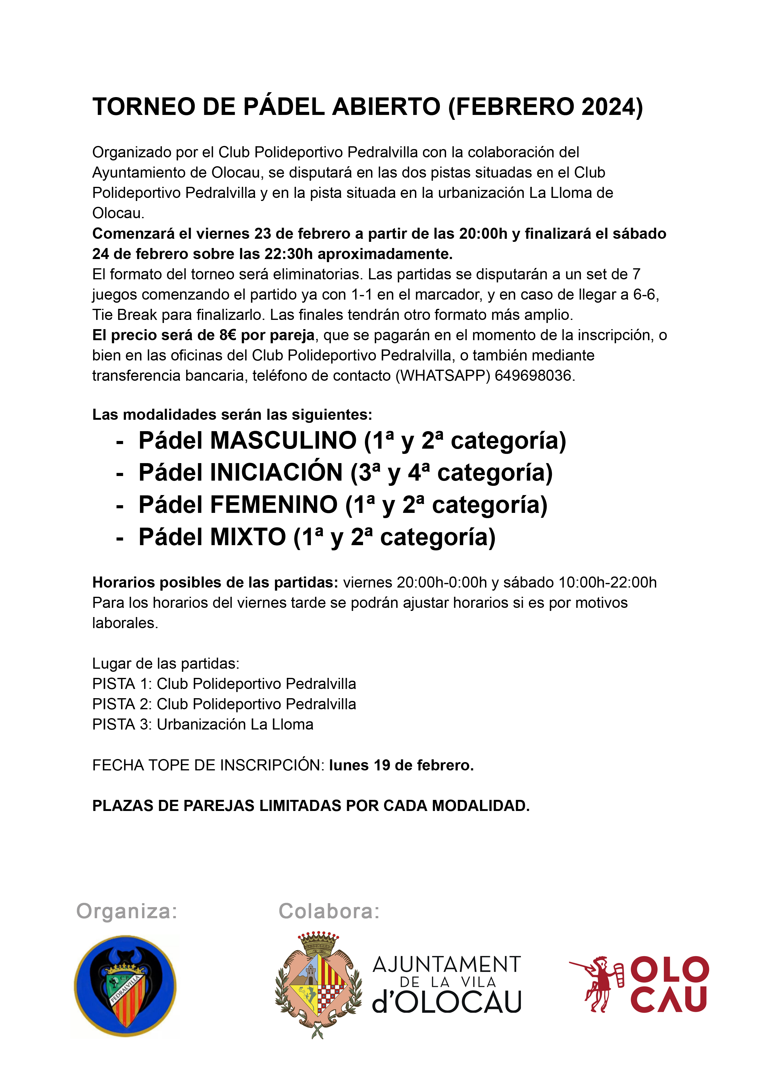 Bases Torneo de p&aacute;del abierto Pedralvilla Olocau