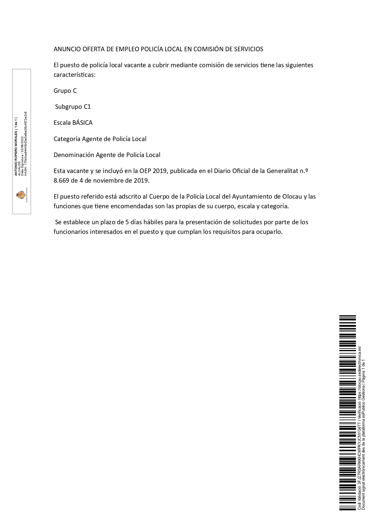 Anuncio - Oferta de empleo de Polic&iacute;a Local en comisi&oacute;n de servicios
