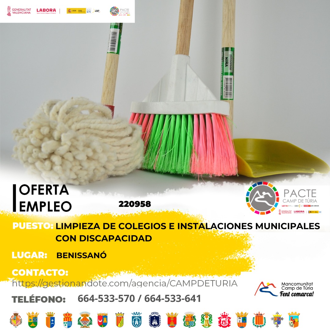 Oferta de empleo - Limpieza de colegios e instalaciones municipales con discapacidad en Benissan&oacute;