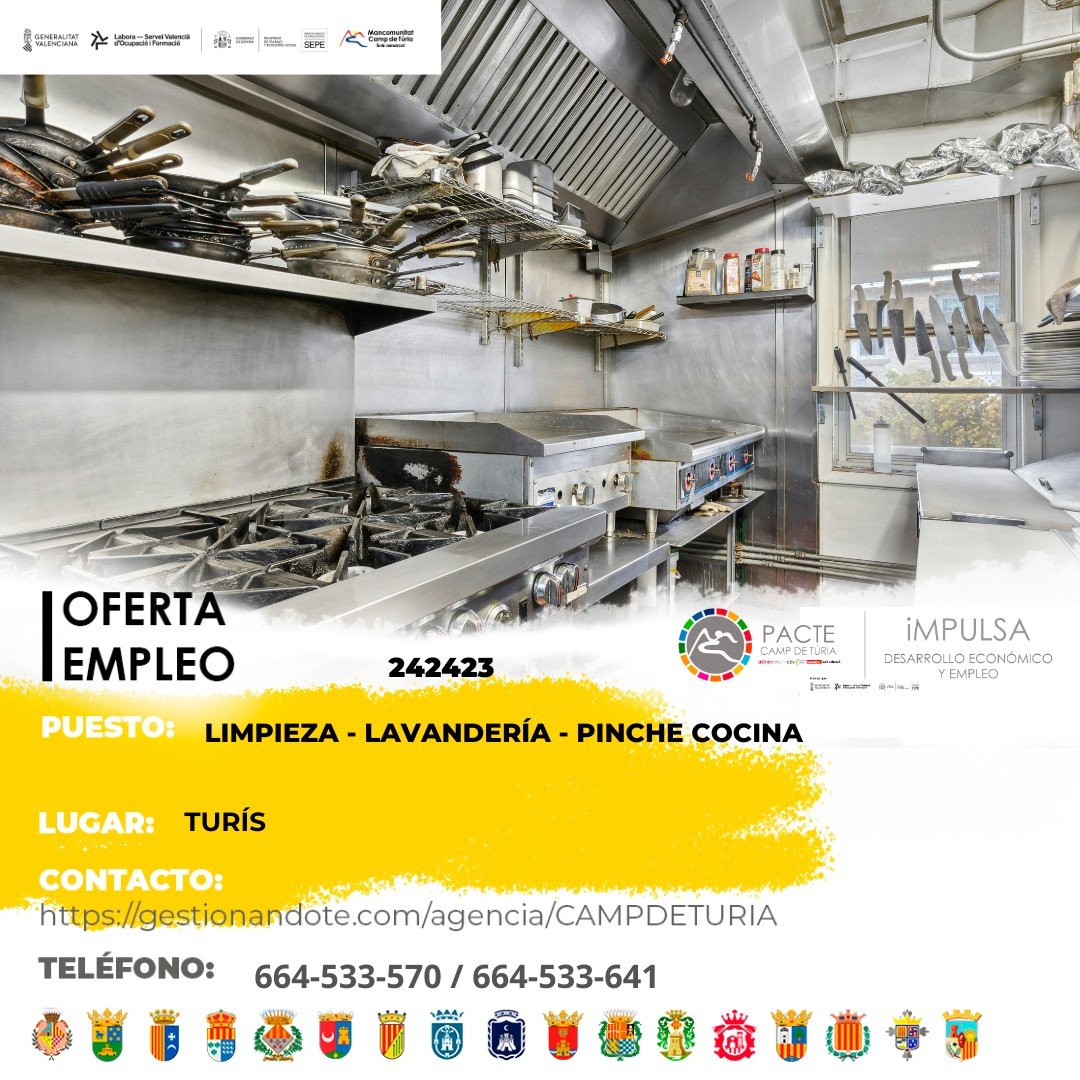 Oferta de empleo - Limpieza - Lavandería - Pinche cocina en Turís