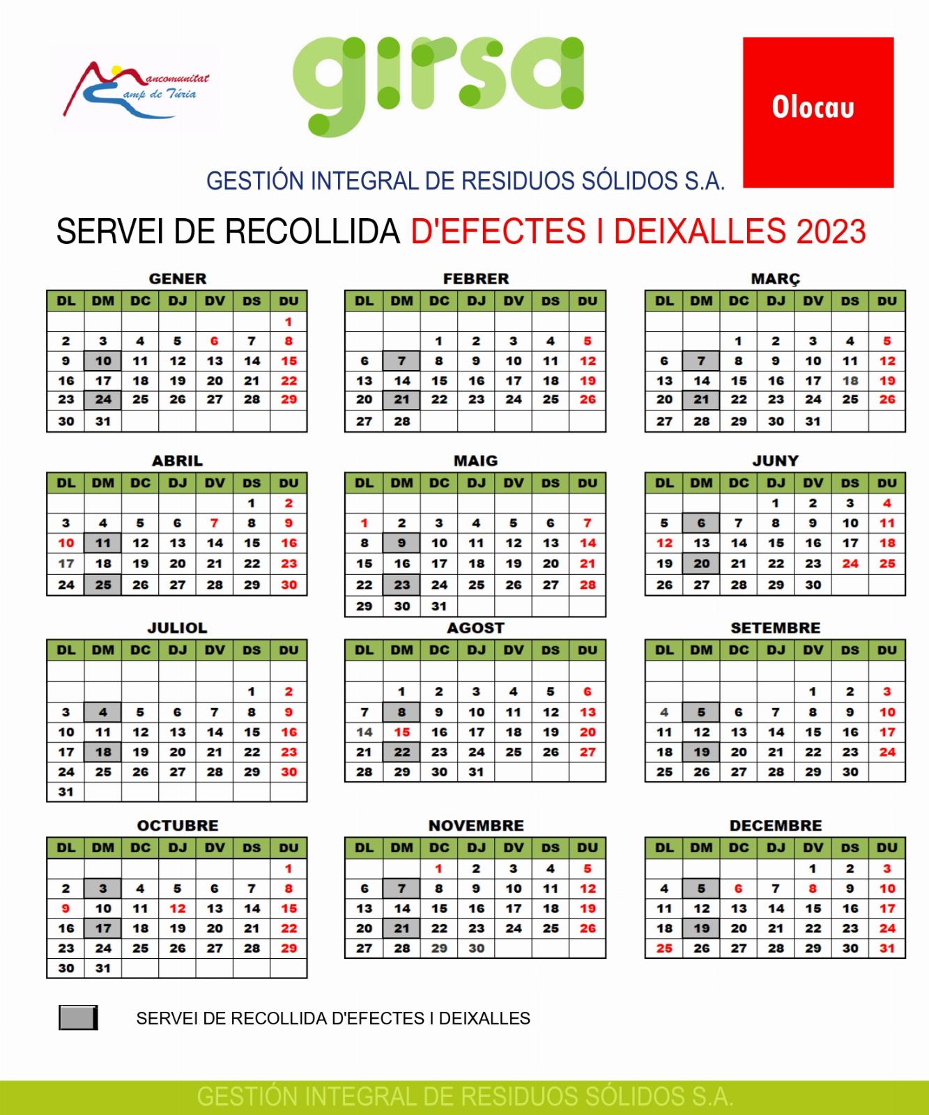 Calendario de recogidas de voluminosos en el 2023 Olocau