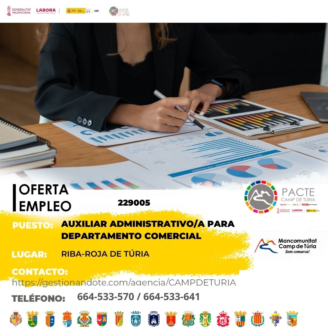 Oferta de empleo - Auxiliar administrativo-a para departamento comercial en Riba-roja de Túria