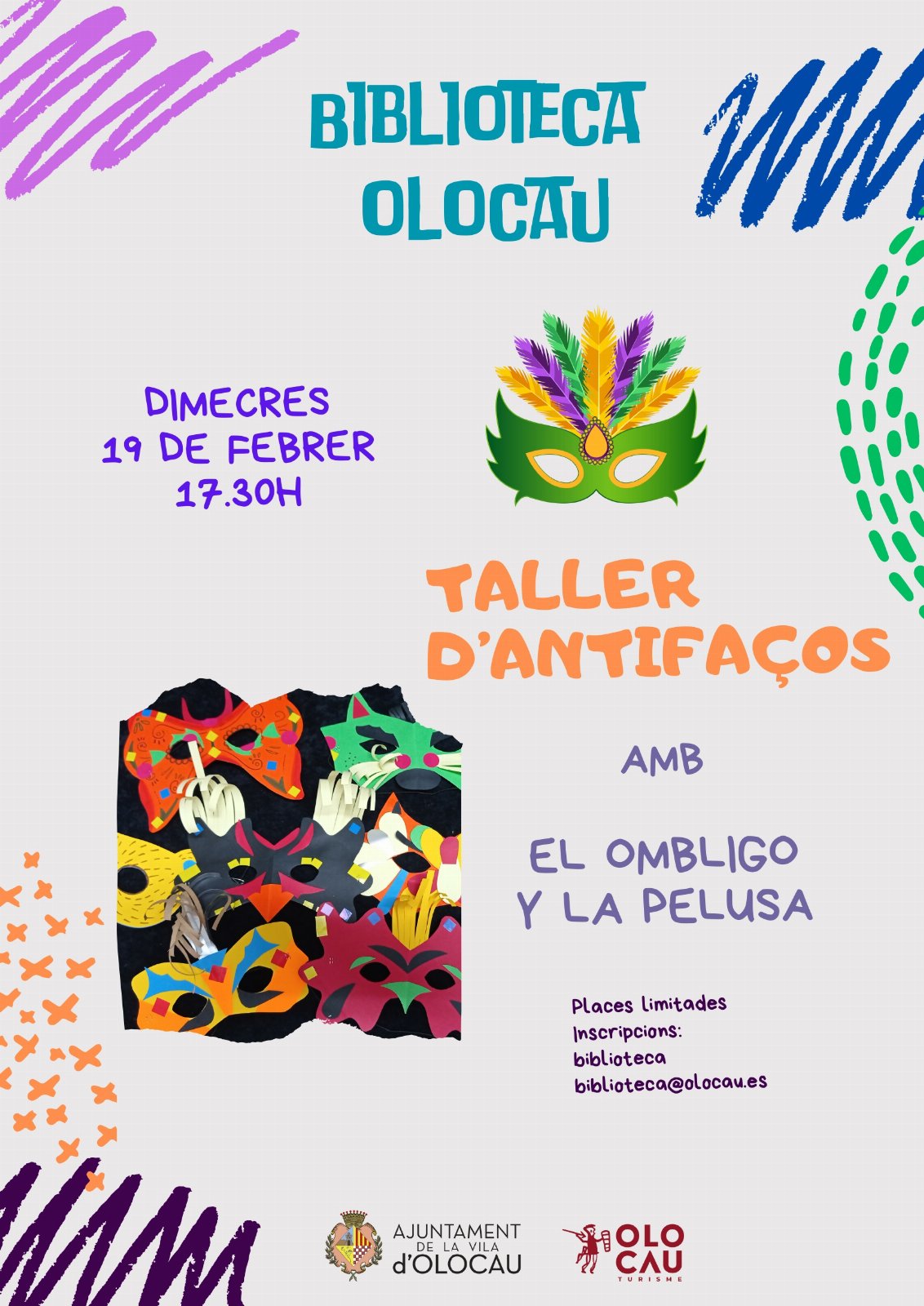 Cartel taller antifaces Biblioteca Municipal Olocau