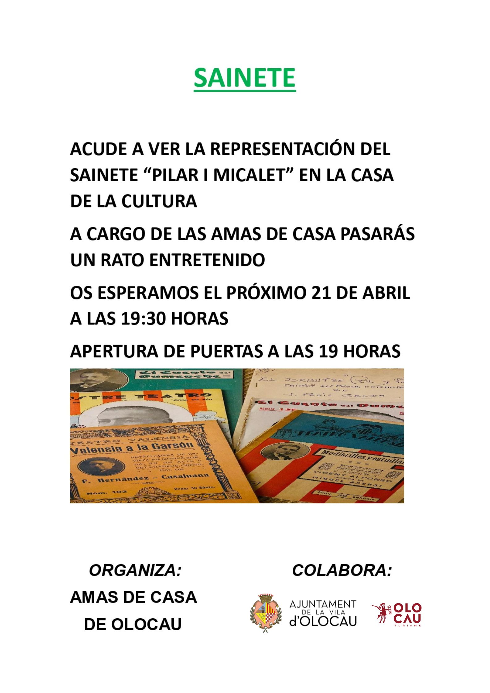 Cartel representaci&oacute;n sainete Pilar i Micalet Amas de Casa Olocau