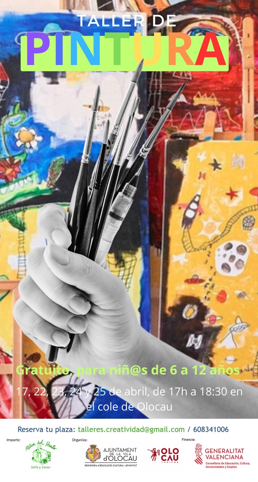 Cartel taller de pintura gratuito para ni&ntilde;as y ni&ntilde;os Olocau