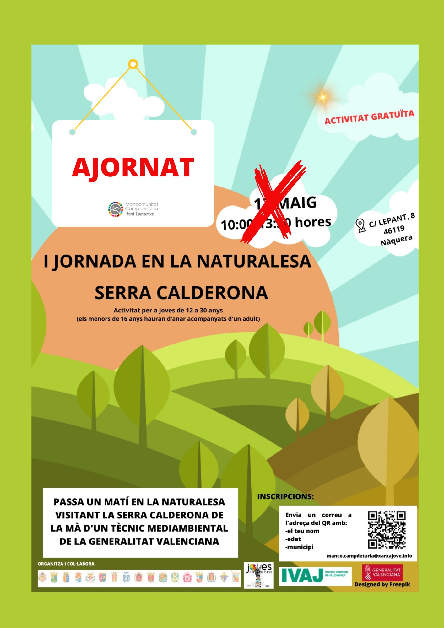 Cartel aplazamiento Jornada&nbsp;en la&nbsp;naturaleza&nbsp;en la Sierra Calderona