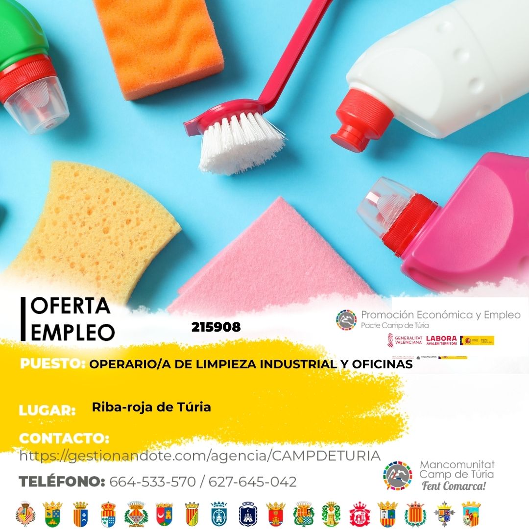 Oferta de empleo - Operario-a de limpieza industrial y oficinas en Riba-roja de Túria