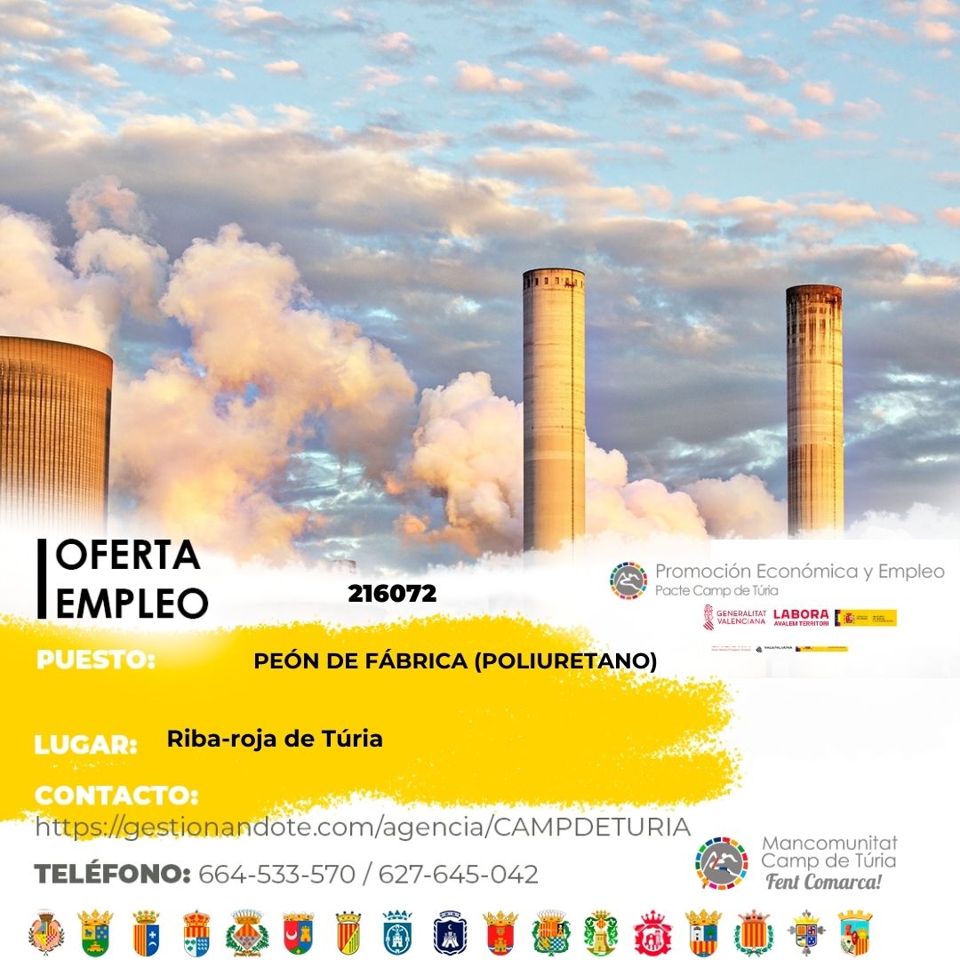 Oferta de empleo - Peón de fábrica (poliuretano) en Riba-roja de Túria