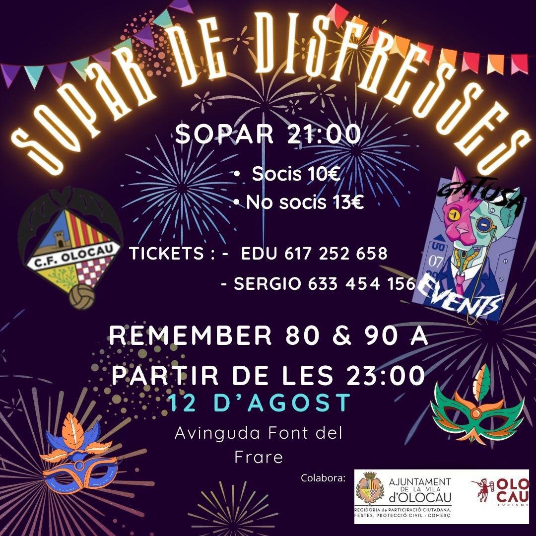 Cartel Cena de disfraces y Remember 80’s & 90’s de la Asociación Recreativa Cultural de Olocau