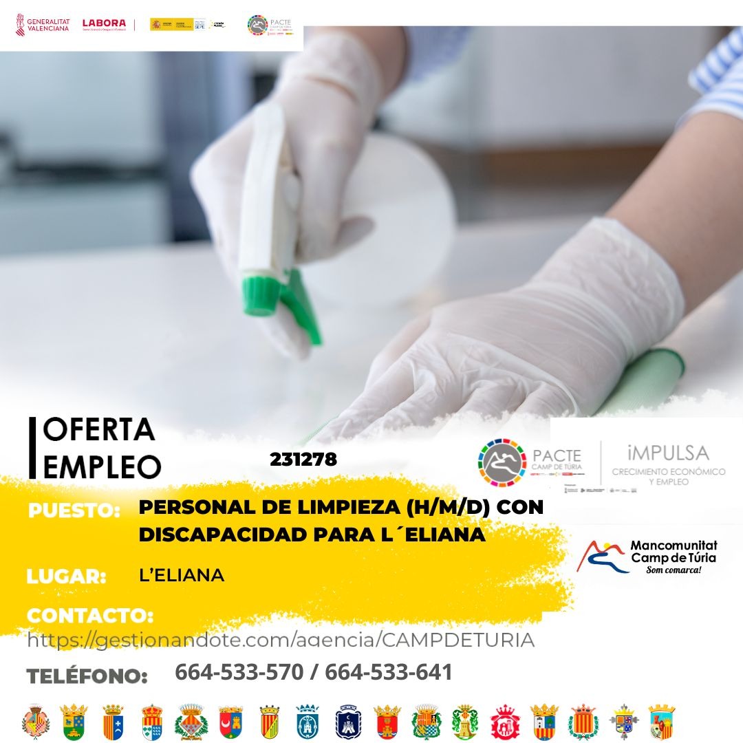 Oferta de empleo - Personal de limpieza (H-M-D) con discapacidad para Eliana