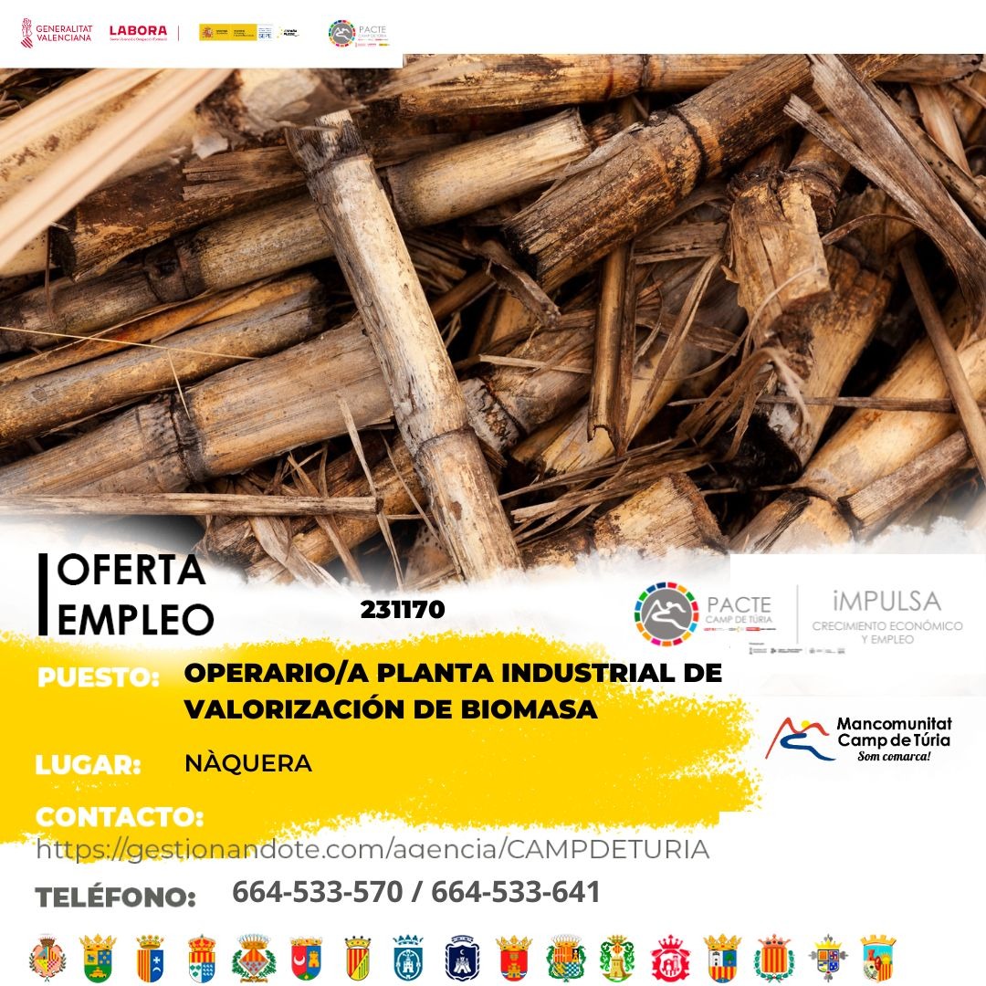 Oferta de empleo - Operario-a planta industrial de valorizaci&oacute;n de biomasa en N&aacute;quera