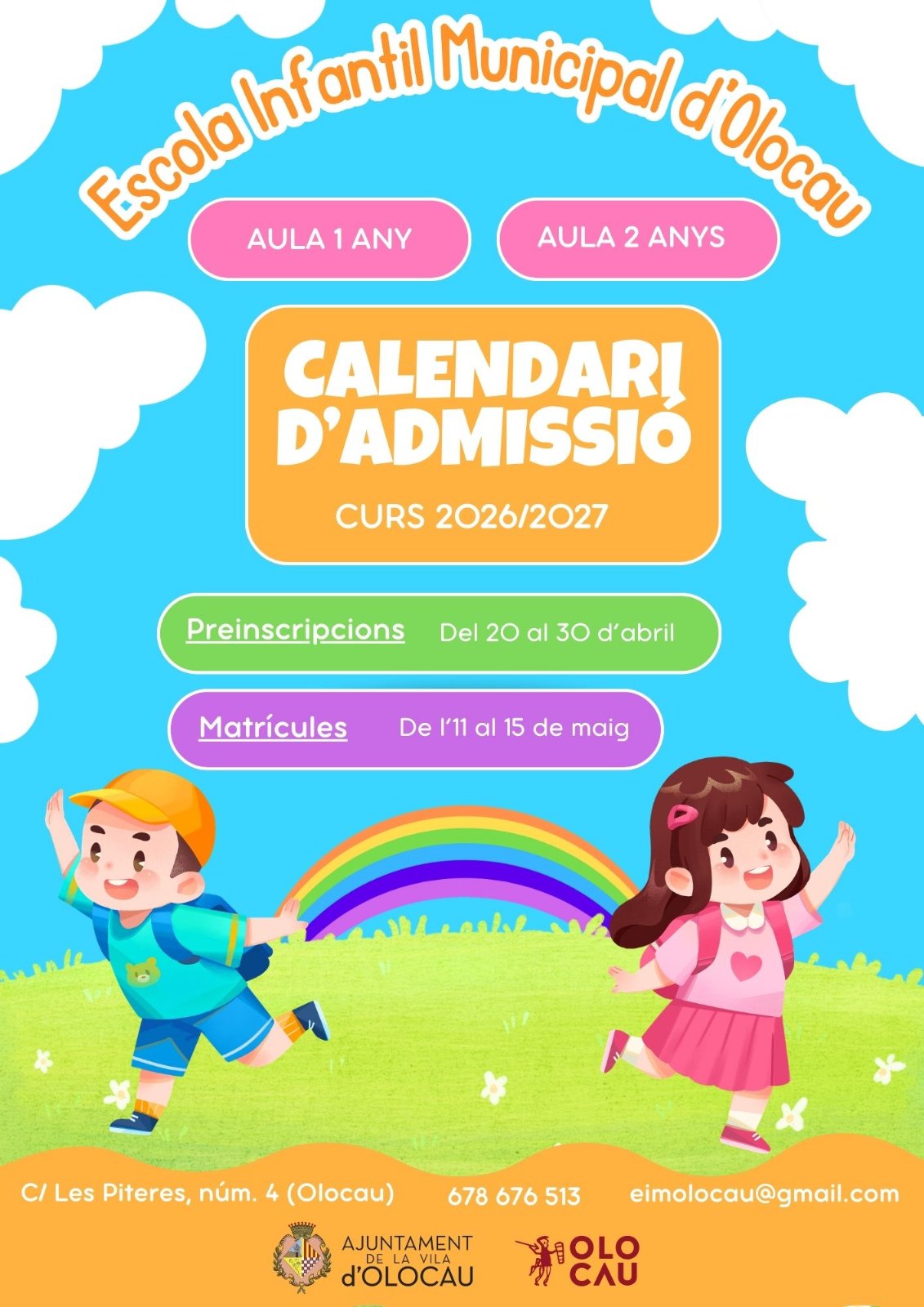 Calendari d’admissió en l'Escola Infantil Municipal d’Olocau per al curs 2026-2027
