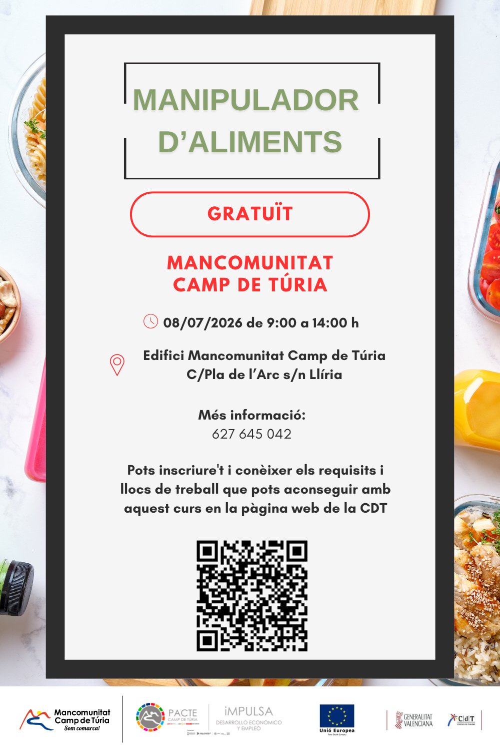 Curs gratuït de manipulador/a d'aliments per a persones desocupades
