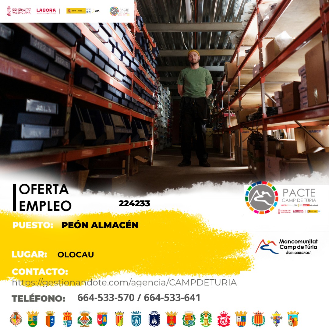 Oferta de empleo - Pe&oacute;n-a de almac&eacute;n en Olocau