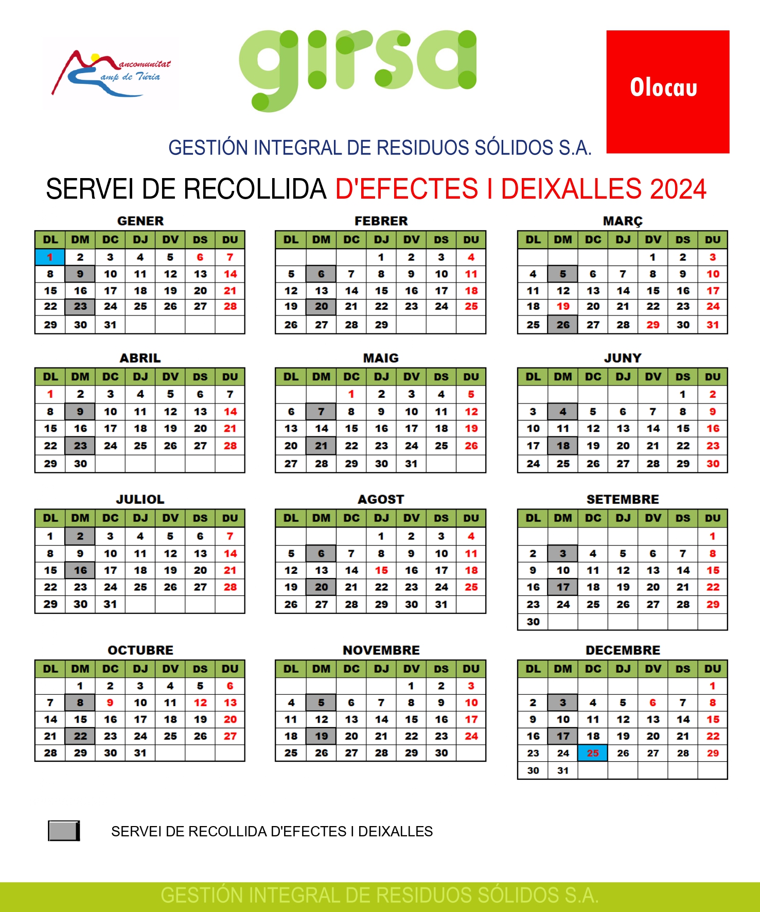 Calendario recogida voluminosos Olocau 2024