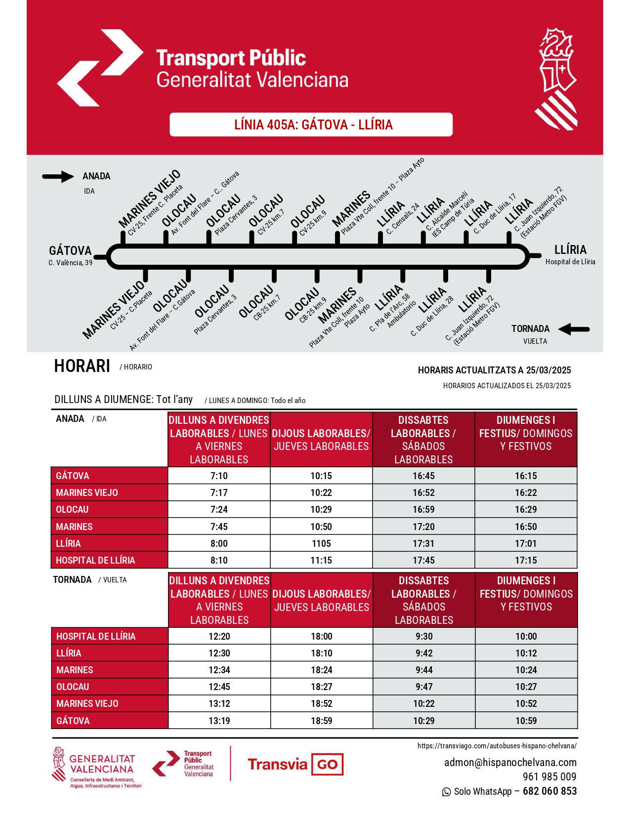 Nuevo horario de la l&iacute;nea de autob&uacute;s G&aacute;tova-Ll&iacute;ria