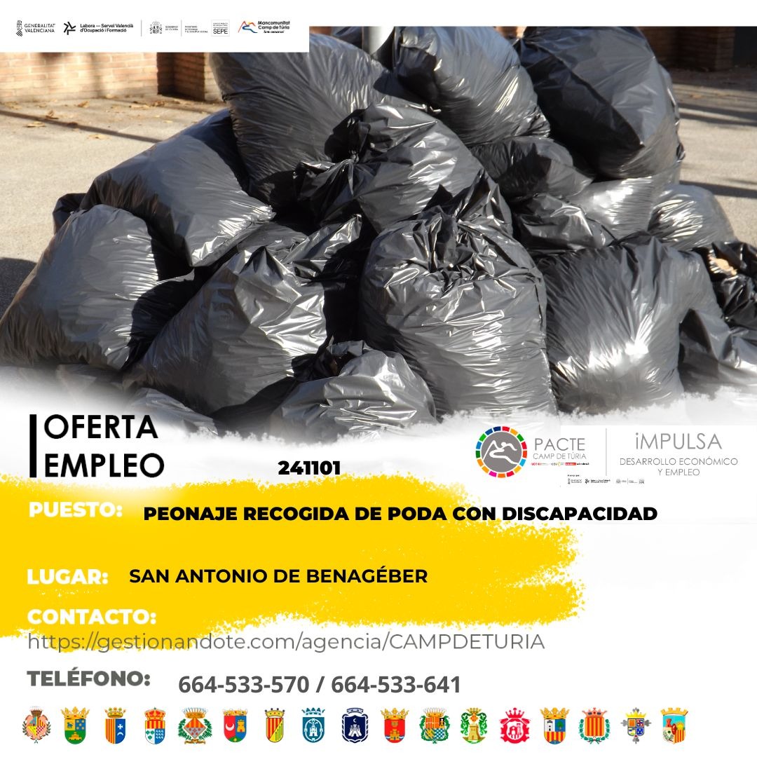 Oferta de empleo - Peonaje recogida de poda con discapacidad en San Antonio de Benag&eacute;ber