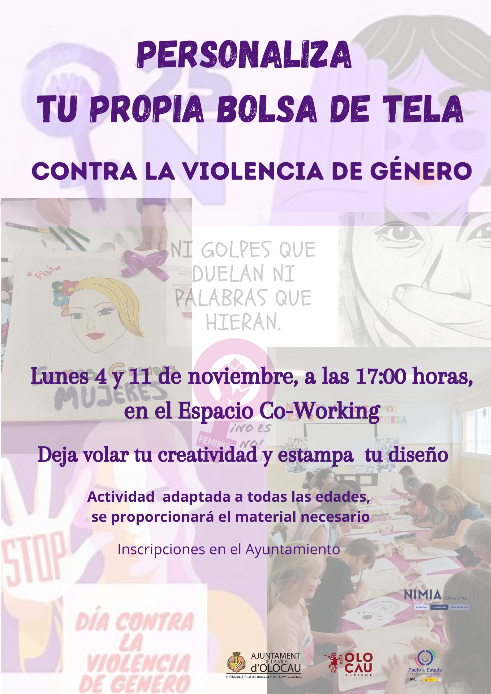 Cartel taller de personalizaci&oacute;n de bolsas de tela contra la violencia de g&eacute;nero Olocau