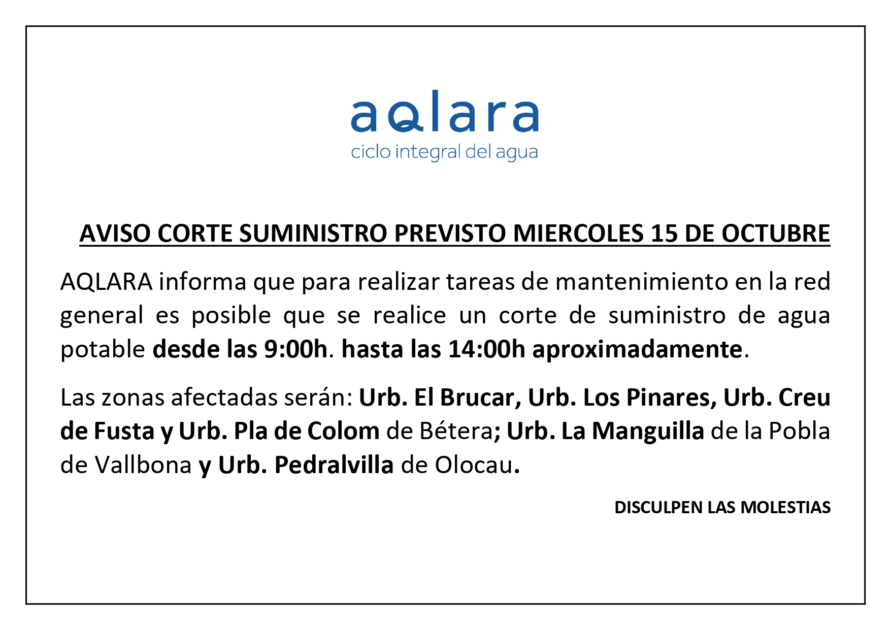 Aviso de Aqlara por corte del suministro de agua en Pedralvilla