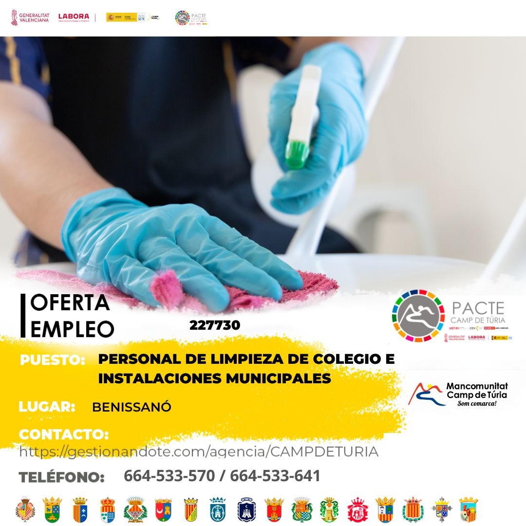 Oferta de empleo - Personal de limpieza de colegio e instalaciones municipales en Benissanó