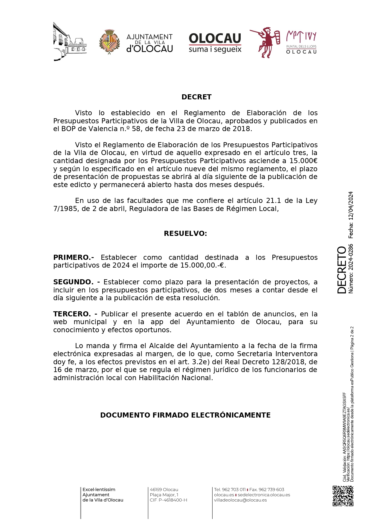 Resoluci&oacute;n Decreto Presupuestos Participativos Olocau 2024